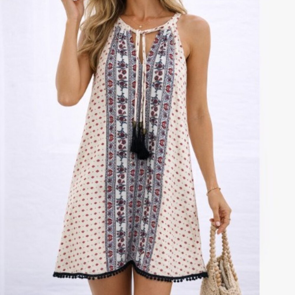 Knox Rose Trapeze Dress S Tassel Tie Pom Boho Red Black Lined Sleeveless Halter